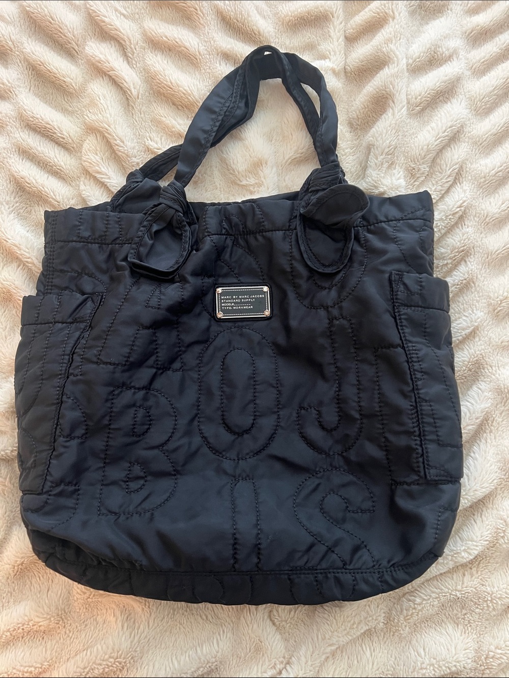 Marc by Marc Jacobs Black Quilted Nylon Tote with Logo Plaque